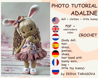 SET CROCHET PATTERNS -  Amigurumi basic doll Kylie and Adaline outfit clothes and bunny toy crochet doll with clothes. by Irina Tarasova