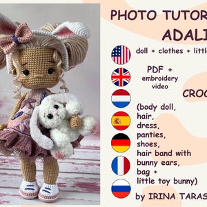 PATRONES DE GANCHILLO - Conjunto de ropa para muñecas amigurumi Laurie y Adaline y conejito de peluche con ropa. Por Irina Tarasova