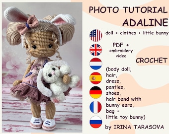 SET CROCHET PATTERNS -  Amigurumi basic doll Laurie and Adaline outfit clothes and bunny toy crochet doll with clothes. by Irina Tarasova