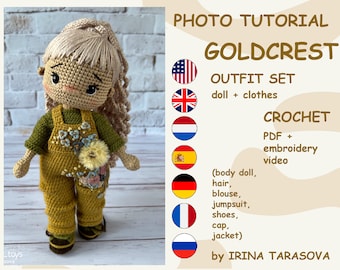 SET CROCHET PATTERNS -  Amigurumi basic doll Kylie and Goldcrest outfit clothes outfit. crochet doll with clothes. pdf by Irina Tarasova