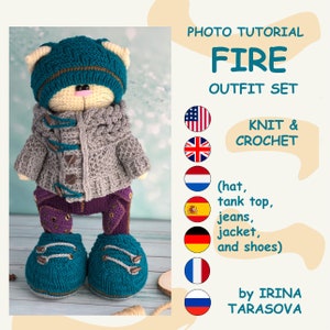 Fire set outfit only knit and crochet pattern for bunny or cat by Irina Tarasova. Snow christmas pdf  winter boy amigurumi