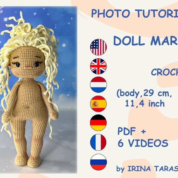 Marie amigurumi crochet doll pattern. Unclothed. DOLL ONLY, pants not included. pdf by irina tarasova.