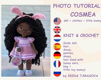 SET CROCHET PATTERNS -  Amigurumi basic doll Donika and Cosmea outfit clothes and bunny toy crochet doll with clothes. pdf by Irina Tarasova
