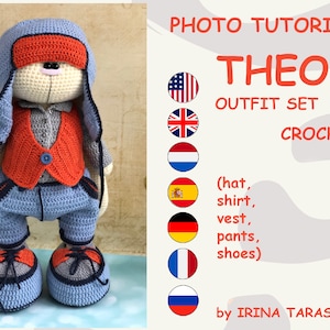 Peut inclure: Poupée crochetée vêtue d'une tenue bleue avec un gilet et un chapeau orange. La tenue comprend une chemise, un pantalon et des chaussures. Le texte de l'image indique "THEO OUTFIT SET CROCHET PHOTO TUTORIAL".
