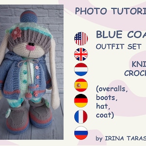 Set in the blue coat knit and crochet outfit pattern by Irina Tarasova. Snow pdf bunny winter girl amigurumi. Only clothes, WITHOUT DOLL