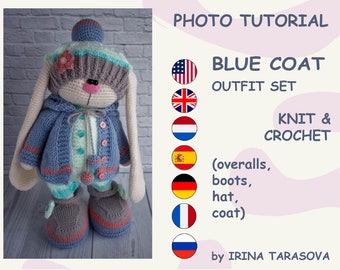 Conjunto com casaco azul em malha e crochê padrão de Irina Tarasova. Neve pdf coelho inverno menina amigurumi. Somente roupas, SEM BONECA