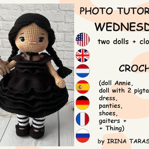 SET CROCHET PATTERNS -  Amigurumi basic doll Annie and Wednesday outfit clothes outfit. crochet doll with clothes. pdf by Irina Tarasova