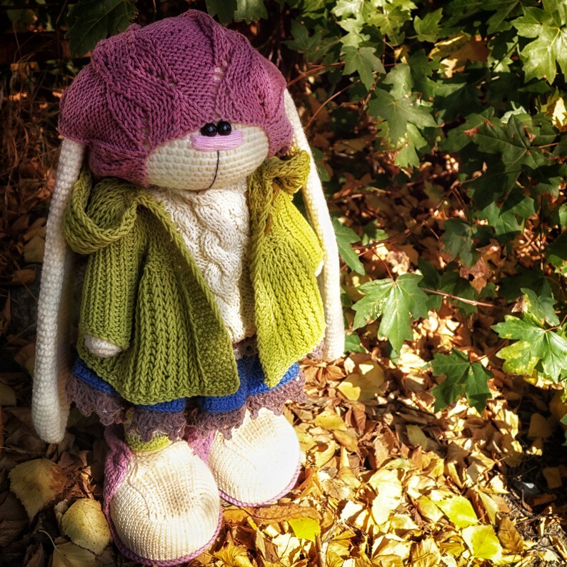 Pode incluir: Um brinquedo de coelho de croch&ecirc; com um chap&eacute;u rosa e roxo, uma jaqueta verde e sapatos brancos. O coelho est&aacute; sentado em um leito de folhas de outono.