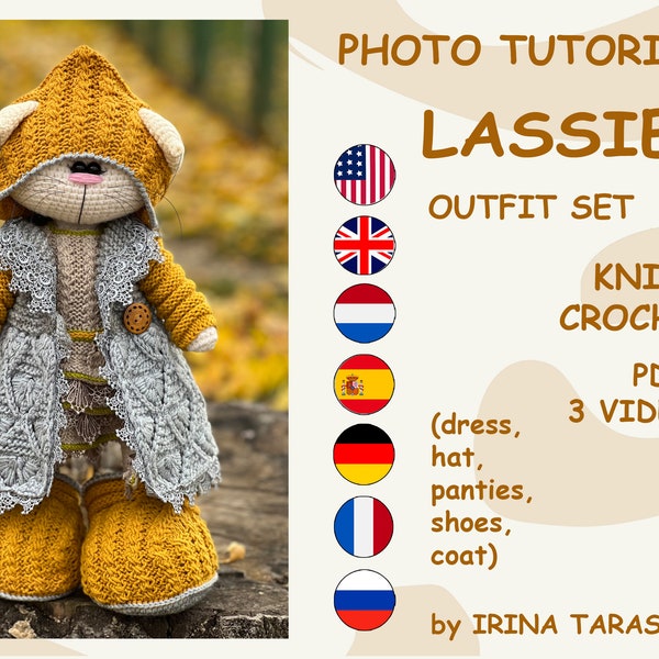 Lassie SET outfit knit and crochet pattern by Irina Tarasova.  pdf bunny winter girl amigurumi.