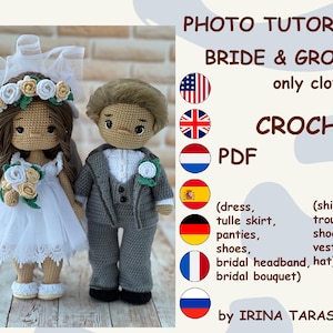 Puede incluir: Tutorial fotográfico PDF de crochet para hacer atuendos de novia y novio. La novia lleva un vestido blanco con una falda de tul, una diadema floral y un ramo. El novio lleva un traje gris con una camisa blanca y un chaleco. El tutorial incluye instrucciones para hacer el vestido, la falda de tul, las bragas, los zapatos, la diadema de novia, el ramo de novia, la camisa, los pantalones, los zapatos y el chaleco.