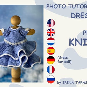 May include: Photo tutorial for knitting a blue dress for a doll. The dress has a white lace trim and is shown on a doll stand. The tutorial is available in PDF format and is written by Irina Tarasova.