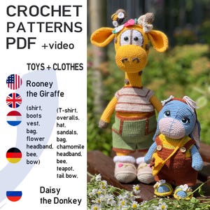 May include: Crochet patterns PDF and video for toys and clothes featuring Rooney the Giraffe and Daisy the Donkey. The giraffe wears a striped shirt, green overalls, and boots. The donkey wears a yellow shirt, brown overalls, and sandals.