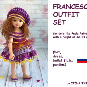 May include: A doll dressed in a purple and yellow knitted outfit set, comprising a hat, dress, ballet flats, and panties. The outfit is designed for dolls like Paola Reina, with a height of 32-34 cm. The text "FRANCESCA OUTFIT SET" is displayed.