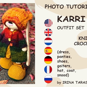 K&ouml;nnte beinhalten: Ein Foto-Tutorial f&uuml;r ein H&auml;kel-Outfit-Set f&uuml;r eine gestrickte Hasenpuppe. Das Set beinhaltet ein Kleid, H&ouml;schen, Schuhe, Gamaschen, Hut, Mantel und Snood. Das Outfit ist in Orange-, Rot-, Gr&uuml;n- und Lilat&ouml;nen gehalten. Das Tutorial ist von Irina Tarasova.