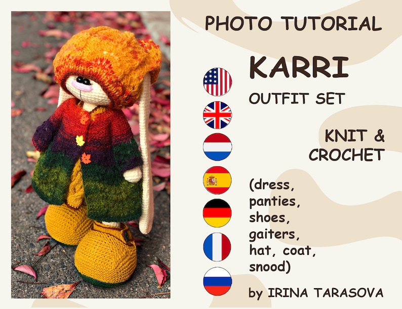 K&ouml;nnte beinhalten: Ein Foto-Tutorial f&uuml;r ein H&auml;kel-Outfit-Set f&uuml;r eine gestrickte Hasenpuppe. Das Set beinhaltet ein Kleid, H&ouml;schen, Schuhe, Gamaschen, Hut, Mantel und Snood. Das Outfit ist in Orange-, Rot-, Gr&uuml;n- und Lilat&ouml;nen gehalten. Das Tutorial ist von Irina Tarasova.