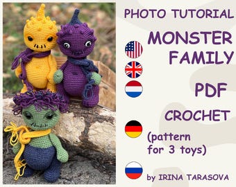 Tres patrones de monstruos, juguete de monstruo espeluznante para Halloween, familia de monstruos feos y dulces, PDF de Irina Tarasova.