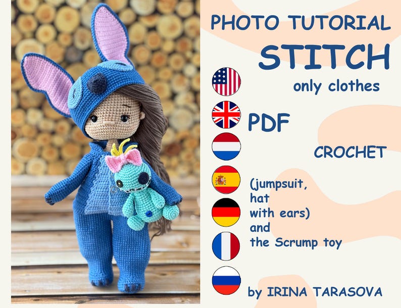 Schema all'uncinetto per vestitini "STITCH" per bambole da 29 cm. SOLO VESTITI, bambola non inclusa. PDF di Irina Tarasova immagine 1