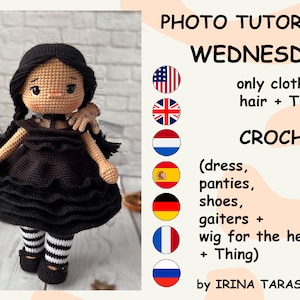 Wednesday Amigurumi Doll clothes outfit set and thing Crochet Pattern PDF Handmade. doll not included. by irina tarasova