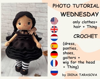 Wednesday Amigurumi Doll clothes outfit set and thing Crochet Pattern PDF Handmade. doll not included. by irina tarasova