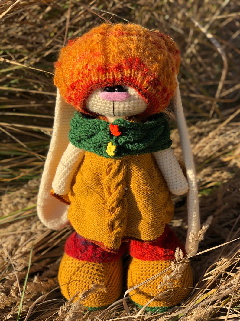 K&ouml;nnte beinhalten: Ein geh&auml;keltes H&auml;schen, das einen gr&uuml;nen Schal, einen orangefarbenen Hut und einen gelben Pullover mit Zopfmuster tr&auml;gt. Das H&auml;schen steht in einem Feld mit trockenem Gras.