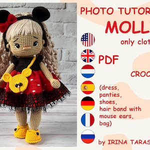 May include: A crochet doll wearing a red and black polka dot dress with a black lace trim. The doll has blonde hair and is wearing a yellow bag with a bear face. The image includes the text "PHOTO TUTORIAL MOLLIE only clothes PDF CROCHET (dress, panties, shoes, hair band with mouse ears, bag) by IRINA TARASOVA".