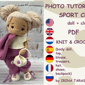 SET VIRKMÖNSTER - Amigurumi basic docka Laurie och Sport chic outfit kläder docka med kläder. av Irina Tarasova
