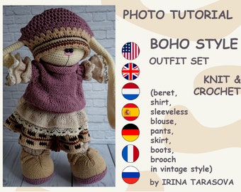 Conjunto padrão de malha e crochê no estilo boho. roupa de Irina Tarasova. pdf coelhinho de crochê inverno menina amigurumi