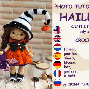 Peut inclure: Ensemble de vêtements au crochet pour poupée, comprenant une robe, une culotte, des chaussures, un chemisier, un chapeau, des guêtres et une chauve-souris. L'ensemble est en orange, noir, blanc et violet. La poupée n'est pas incluse.