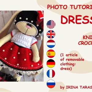 May include: A photo tutorial for knitting and crocheting a red dress with white lace trim and pearl embellishments for a crocheted bunny doll. The tutorial is available in multiple languages, including English, French, German, Spanish, Dutch, Italian, Polish, Portuguese, and Japanese.