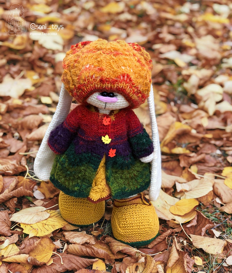 K&ouml;nnte beinhalten: Ein geh&auml;keltes H&auml;schen, das einen bunten Pullover, eine M&uuml;tze und Schuhe tr&auml;gt. Das H&auml;schen steht auf einem Bett aus Herbstlaub. Der Text '@soni_toys' und 'Юлия Тарасова' ist im Bild zu sehen.