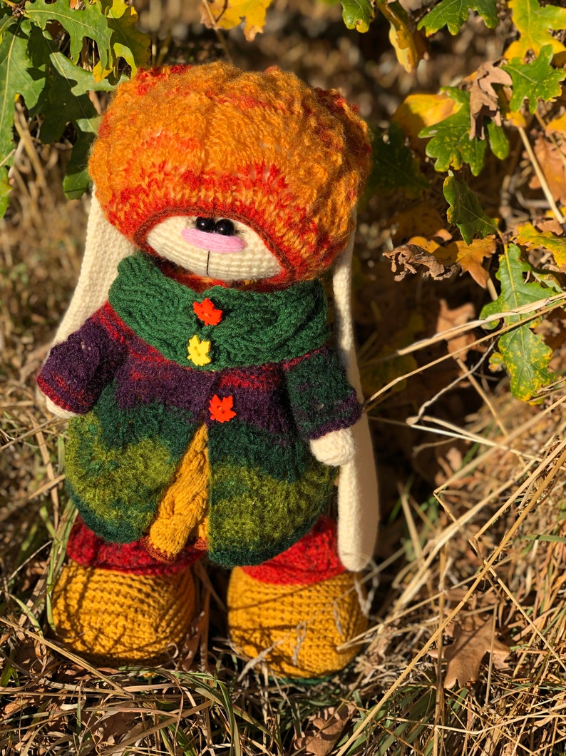 K&ouml;nnte beinhalten: Ein geh&auml;keltes H&auml;schen, das einen mehrfarbigen gestreiften Pullover, eine braune und orangefarbene M&uuml;tze und wei&szlig;e F&auml;ustlinge tr&auml;gt. Das H&auml;schen steht in einem Bett aus trockenem Gras und Bl&auml;ttern.