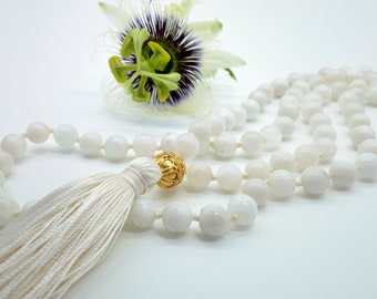 MAGICAL WHITE MOONSTONE 8MM Mala Prayer beads Buddhist beads 108 mala Knotted mala Gold vermeil Guru bead  Chanting beads Yoga jewelry