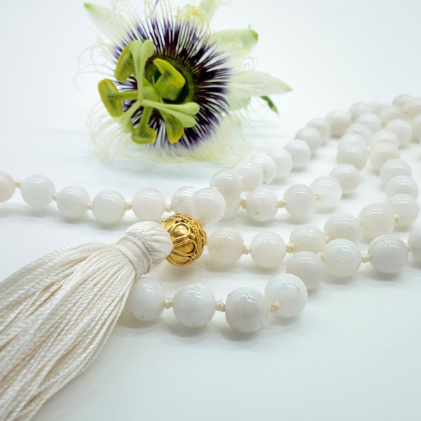 MAGICAL WHITE MOONSTONE 8MM Mala Prayer beads Buddhist beads 108 mala Knotted mala Gold vermeil Guru bead  Chanting beads Yoga jewelry