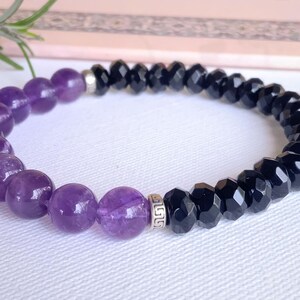 8mm AMETHYST 925 SILVER &  Black ONYX  Natural gemstone jewelry Healing gemstone bracelet Untreated genuine amethyst Boho jewelry Yoga gift