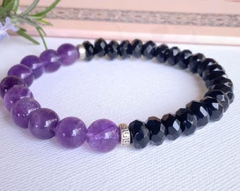 Amethyst & Black Onyx Bracelet: 925 Silver, Healing Gemstone Jewelry
