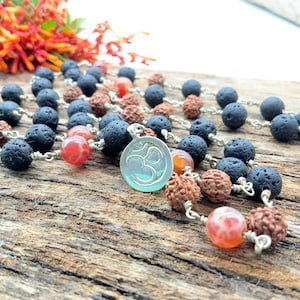 AMAZING FIRE AGATE Lava beads Rudraksha mala 72 beads on 925 Silver wire Mala necklace Om charm Men's necklace Yoga Japa mala Buddhist mala