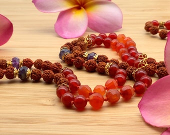 24k GOLD VERMEIL CARNELIAN & Amethyst Meditation prayer beads Yoga jewelry Crystal healing Gemstone necklace Rudraksha 108 mala beads Rosary