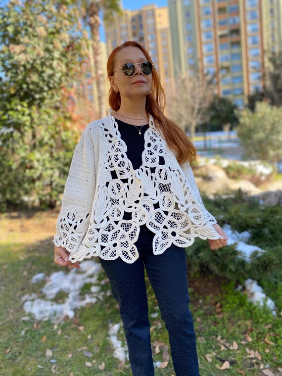 Crochet Hand Embroidered Cardigan Seraphina Cardigan Cream Cotton