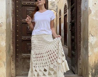 Hand Crochet Maxi Skirt: White Cotton Lace, Bohemian Style
