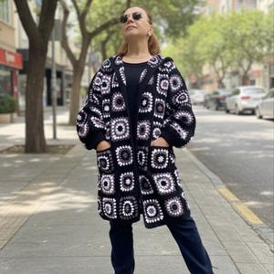 Granny Square Crochet Hooded Black Purple Cardigan: Patchwork Cotton Jacket
