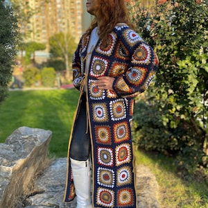 Granny Square Crochet Cardigan: Boho Colorful Duster with Rope Detail