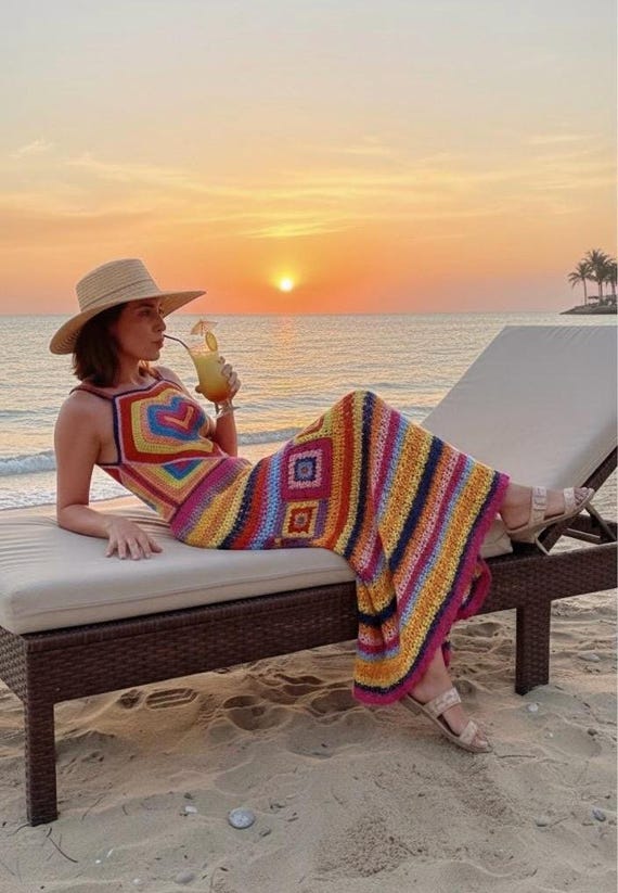 Handmade Crochet Boho Maxi Dress: Colorful Summer Yarn