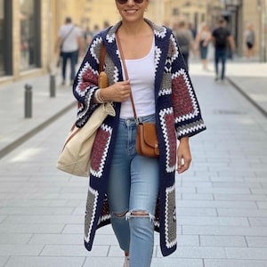 Crochet Oma Square Hooded Design Cardigan: Übergroßer Boho Patchwork Mantel