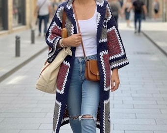 Crochet Oma Square Hooded Design Cardigan: Übergroßer Boho Patchwork Mantel
