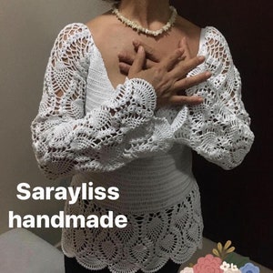 Long Sleeve Crochet Lace Top, Crochet Blouse, Crochet lace top, Victorian blouse, handmade crochet long sleeve, down shirt,