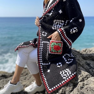 Hand Crochet Long Hooded Cardigan with pockets : Granny Square Black White Patchwork Boho Coat