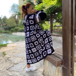 Granny Square Crochet Oversize Hooded Cardigan: Boho Patchwork Black Cotton Coat