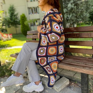 Crochet Granny Square Hooded Cardigan: Cotton Afghan Coat