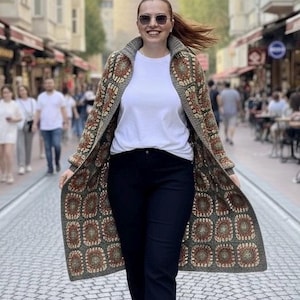 Oma Quadrat häkeln lange Strickjacke: Kragen Hals Patchwork Mantel