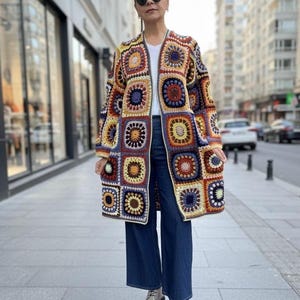 Granny Square Duster 3 D Colorfull Motif Crochet Cardigan: Oversized Patchwork  Long Jacket